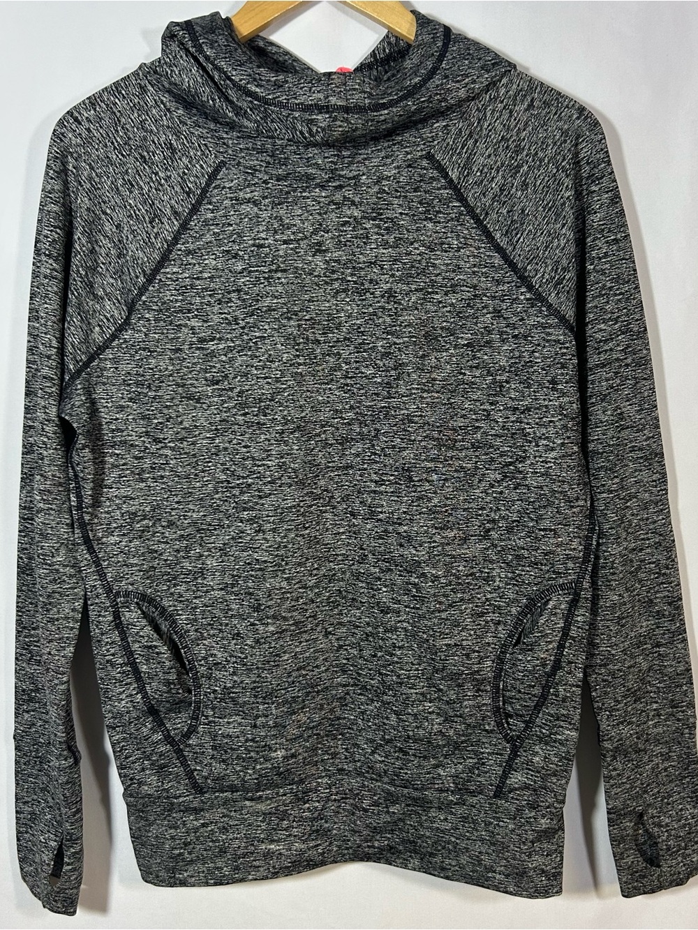Sweaty Betty Gray Space Dye Hooded Long Sleeve Top Size Large Thumb Holes